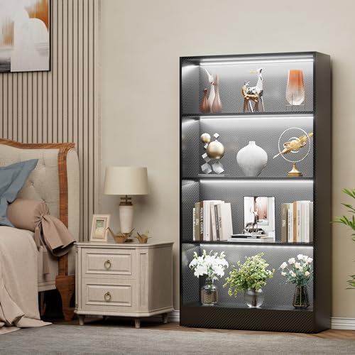 CODACE Tall Wooden 4-Tier Black Bookshelf - Display Cabinet with LED Lights | Lighted Book Shelves, Display Case for Collectibles, Manga ,Figures, Modern Bookcase for Bedroom, Living Room, Gaming room - size: 4 Tiers - 10.2"D x 27.6"W x 59.1"H