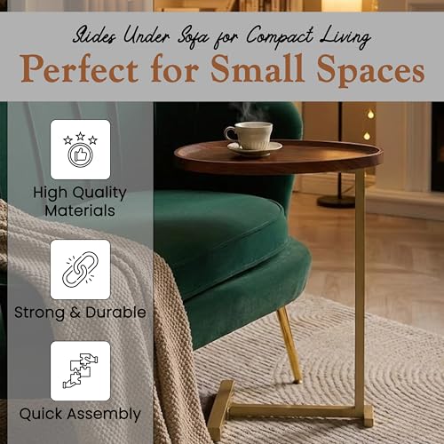 Kings Brand C-Shaped Side End Table, Sofa Table, Gold & Brown | Convenient C-Shaped Table – Slides Under Sofas, Chairs, Beds to Keep Coffee, Snacks, Laptops, Books, & Essentials w/in Reach - color: Brown