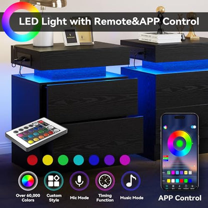 LIKIMIO Nightstand with Charging Station LED Light and 2 Drawers Black | bedside table; end table; charging station; LED light; 2 drawers; black wood grain; small spaces - color: Black