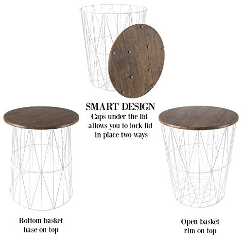 Lavish Home End Tables - Round Nesting Tables Set of 2, Brown/White | 17.5”/15.5” Side Tables with Removable Wood Tops & Metal Basket Bases for Blanket Storage, Living Room, Bedroom & Home Office - color: White Diamond