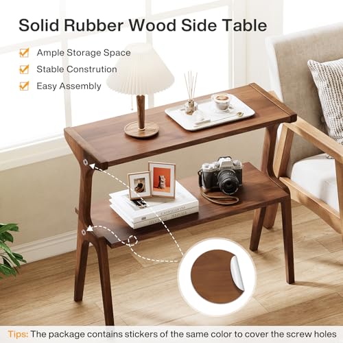 Tribesigns Solid Wood End Table, 2-Tier Farmhouse Side Table with Storage Shelves, Slim Side Table for Couch with Unique Legs, Long Bedside Table for Bedroom, Living Room, Rustic Brown - color: Rustic Brown