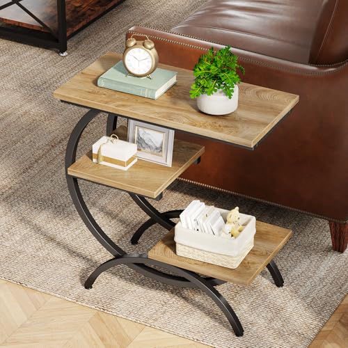 Tribesigns C-Shaped End Table Set of 2, Industrial 3-Tier Small Side Table for Couch, Wood Bedside Table Snack Side Table with Storage Shelves for Living Room Small Space, Light Brown - color: Light Brown