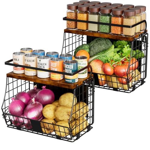 Magnetic Shelf for Fridge with Wood Top & Produce Basket – 2-in-1 Magnetic Spice Rack for Refrigerator – Space-Saving Kitchen Organizer for Fruits, Potatoes, and Onions (with Hooks) - size: 2pcs