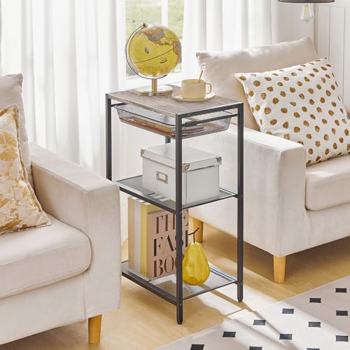 HOOBRO 28.7 Inch Tall Side Table, 3-Tier Industrial Telephone End Table with Adjustable Metal Mesh Basket, Desk Side Table with Storage Shelves, for Living Room, Bedroom, Office, Greige BG06DH01 - color: Greige + Black