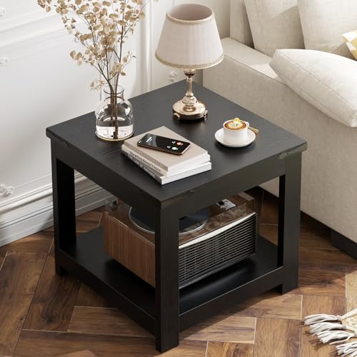 Homieasy Black End Table, 20x20 Inch Square Side Table for Living Room, Large Wood Accent Table with Storage Shelf, Modern Farmhouse Nightstand Bedside Table, Black - color: Black