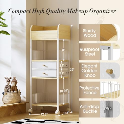 TidyStash Rolling Cart with Drawers 4-Tier Storage Cart with Large Drawers, Heavy-Duty Steel Frame and Wood Shelves Organizer for Makeup, Skincare Bathroom Kitchen Dorm Vanity Home Supplies - style: Tall - Double Drawer