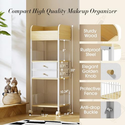 TidyStash Rolling Cart with Drawers 4-Tier Storage Cart with Large Drawers, Heavy-Duty Steel Frame and Wood Shelves Organizer for Makeup, Skincare Bathroom Kitchen Dorm Vanity Home Supplies - style: Tall - Double Drawer