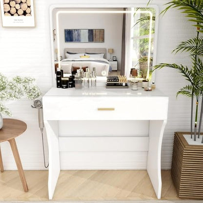 Vanity Desk, Makeup Vanity with LED Light Mirror, Small White Vanity with a Super Large Drawer and Power Outlet, 3 Color Lighting Modes Makeup Table for Bedroom, Dressing Room (White1) - color: White1