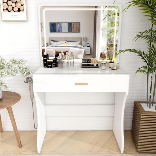 Vanity Desk, Makeup Vanity with LED Light Mirror, Small White Vanity with a Super Large Drawer and Power Outlet, 3 Color Lighting Modes Makeup Table for Bedroom, Dressing Room (White1) - color: White1