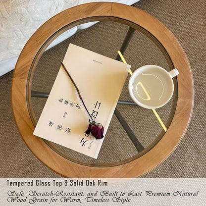 Minimalist Mid-Century Modern Round End Table, Solid Wood Tempered Glass Side Table, Accent Table with Metal Tripod Legs for Living Room, Bedroom, Balcony, Office & Small Spaces (17.22" D x 21.26" H)