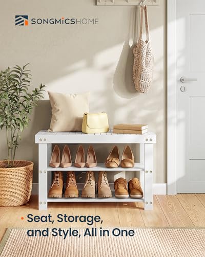 SONGMICS HOME 3-Tier Bamboo Shoe Bench, Shoe Rack, for Entryway Bathroom Bedroom, 11.5 x 27.8 x 18 Inches, White - color: White