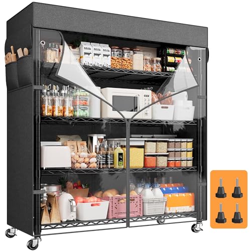 REIBII 72.8" H Storage Shelves with Cover & Wheels, Wire Shelving Heavy Duty Metal Shelving for Pantry Kitchen Garage, Storage Rack Shelf Shelving for Commercial Industrail, 35" W*16" D*72.8" H - size: 35" W x 16" D x 72.8" H