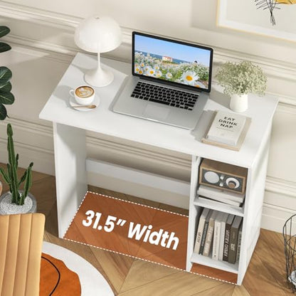 Giantex Small White Desk, Compact Study Writing Desk with 3-Position Adjustable Shelf, Anti-Toppling Kit, Modern PC Laptop Table, Home Office Computer Workstation for Small Space Bedroom Dorm - color: White