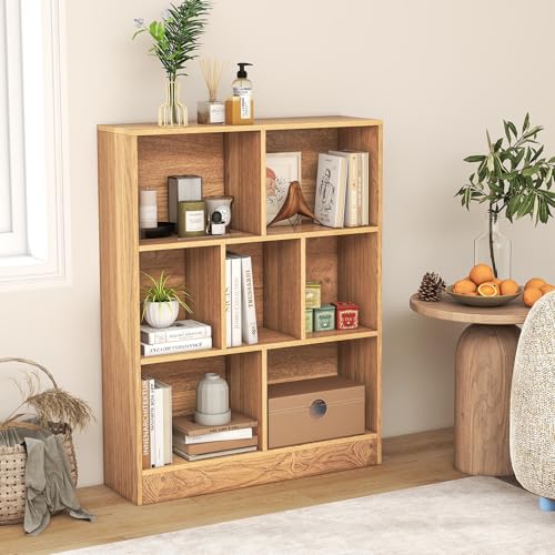 Giantex 7 Cube Bookcase, 4-Tier Freestanding Bookshelf w/ 7 Open Compartments, 2 Anti-Tipping Kits, Modern Display Cabinet, 41" Wood Cubby Storage Organizer for Living Room, Bedroom, Natural - color: Natural, size: 31.5" x 9.5" x 41"