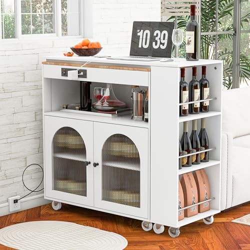 Rolling Kitchen Island with Extendable Swivel Table and Power Outlet, Kitchen Island on Wheels with Storage Cabinet, Fluted Glass Doors and Open Shelves for Small Spaces, White - color: White