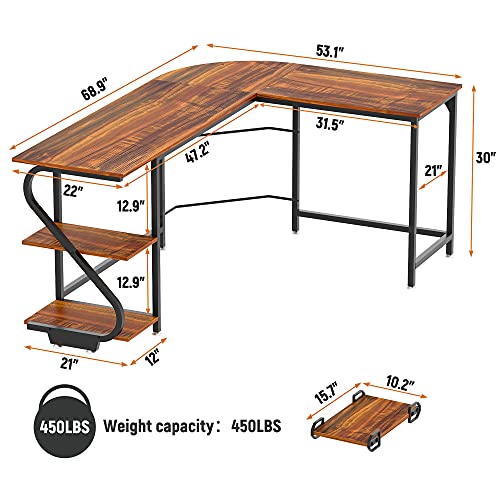 Weehom Reversible L Shaped Desk with Shelves Large Corner Computer Desk Gaming Desks for Home Office Writing Workstation Wooden Table,Rustic Brown