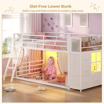 BTHFST Low Bunk Bed Twin Over Twin with 7 Large Fabric Drawers & Bookshelf, Metal Bunk Bed with RGB LED Lights & Slanted Ladder & Safety Guardrail, Kids Low Loft Bed Twin for Small Space, White - color: White