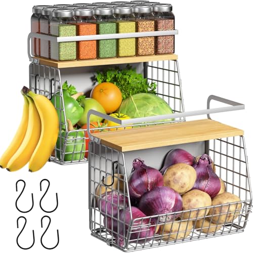 Magnetic Shelf for Fridge with Wood Lid, Fruit Potato and Onion Storage Bins, Pantry Organizers & Storage, Large Container Magnetic Spice Rack for Refrigerator, Kitchen Counter (Silver-gray, 2) - color: Silver-gray, size: 2-Small