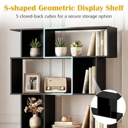 GOFLAME 5-Tier Geometric Bookshelf, 62” Tall Bookcase with 10 Open Back & Closed Back Cubes, Modern Display Book Shelf, S-Shaped Storage Organizer for Living Room, Home Office (1,Black) - color: Black