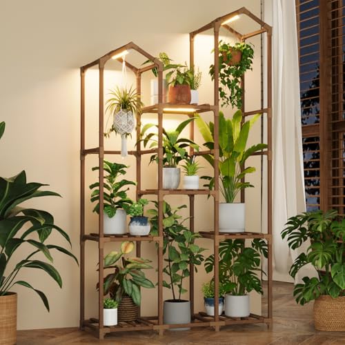 Bamworld Plant Stand with Grow Light Corner Plant Shelf Indoor with Lights Tall Plant Holder for Living Room Warm Light Plant Container Accessories for Mutiple Pots Patio Boho Home Decor for Gardening - size: 7 Pots - High Roof Plant Stand with Grow Light