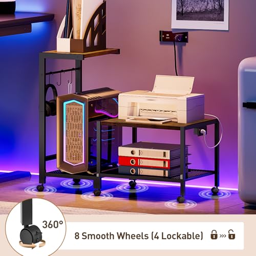 RALGEND Printer Stand with Computer Tower Stand, 2-in-1 Mobile Printer Table Under Desk PC Shelf, 2-Tier PC Tower Stand for Floor, Detachable CPU Holder Cart with Charging Station & Lockable Wheels