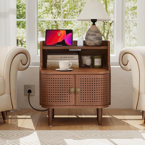 Storage End Table with 2 Door, Bed Side Table with Charging Station, Metal Rattan Nightstand for Bedroom, Desk Side Table for Living Room Couch Sofa, Office, Small Spaces - Walnut - size: Door Walnut-1pcs