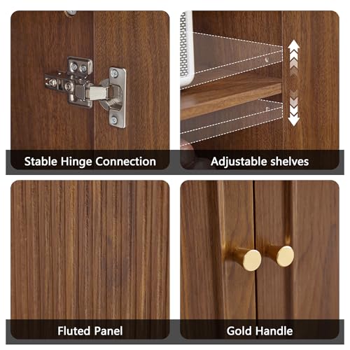 63'' Fluted Sideboard Buffet Cabinet with Storage and 6 Doors, Low Storage Cabinet Modern Wooden Accent Credenza Console Table for Kitchen Dining Living Room Entryway, (63"W*15.75"D*21.4"H) Walnut
