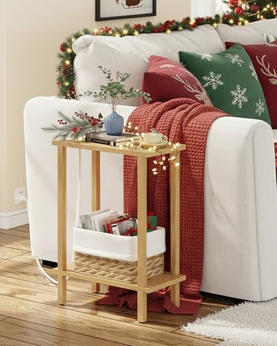 TUTOTAK Small End Table with Charging Station, Narrow Side Table with USB Ports and Outlets, Skinny Sofa Table, Slim Nightstand, Living Room, Bed Room, Natural TB01BN060 - color: Natural, size: 2-tier
