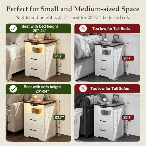 AODK Farmhouse Nightstand Set of 2, Bedside Tables with Charging Station & LED Lights, End Tables with Two Drawers and Open Storage, Rustic Bed Side Tables for Bedroom, Rustic White & Walnut - color: Rustic White & Dark Walnut