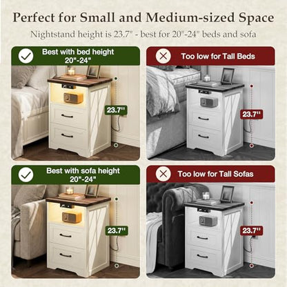 AODK Farmhouse Nightstand Set of 2, Bedside Tables with Charging Station & LED Lights, End Tables with Two Drawers and Open Storage, Rustic Bed Side Tables for Bedroom, Rustic White & Walnut - color: Rustic White & Dark Walnut