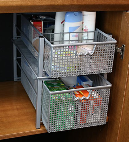 Deco Brothers Stackable Pull Out Cabinet Sliding Basket with Divider, Large | Under Sink Organizer, Silver - color: Silver