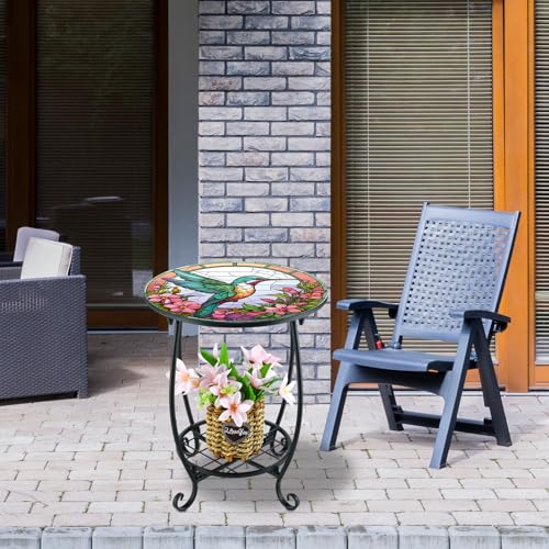 Cinnvoice Outdoor Side Table Round Small Mosaic Patio Accent Indoor End Plant Coffee Tea Table for Yard Patio Porch Garden Living Room, Bedroom(Hummingbird Style,14 Inch) - size: 14 Inch, style: Hummingbird Style