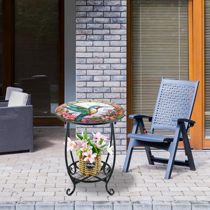 Cinnvoice Outdoor Side Table Round Small Mosaic Patio Accent Indoor End Plant Coffee Tea Table for Yard Patio Porch Garden Living Room, Bedroom(Hummingbird Style,14 Inch) - size: 14 Inch, style: Hummingbird Style