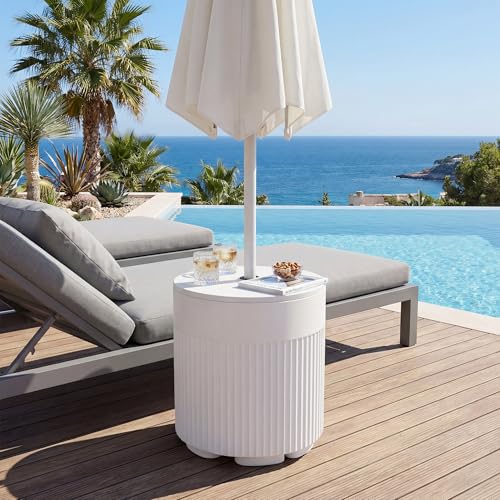 SUNBURY Outdoor Umbrella Side Table, Patio Table with Umbrella Hole, Round Base Outdoor Garden Stand for Modern Coffee, Picnic or Poolside Table, Easy Assembly, White