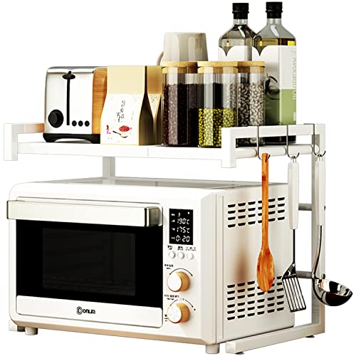 PUSDON Adjustable Carbon Steel Microwave Oven Rack, 2-Tier with 3 Hooks, 55lbs Weight Capacity, White - color: White, size: C-frame 2 tier