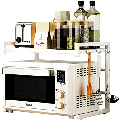PUSDON Adjustable Carbon Steel Microwave Oven Rack, 2-Tier with 3 Hooks, 55lbs Weight Capacity, White - color: White, size: C-frame 2 tier