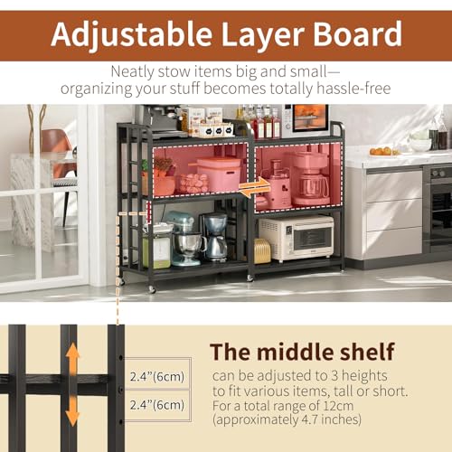 METYERRY Bakers Rack with Power Outlet,Adjustable Microwave Stand with Storage,3-Tier Kitchen Shelves,Microwave cart Suitable for Kitchen,Dinning Room,Coffee Bar,Living, Black - color: Black