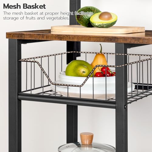 HOOBRO Bakers Rack with Power Outlet, 35.4 Inches Coffee Bar with Mesh Basket, Microwave Stand with 4 S-Shaped Hooks, Kitchen Bakers Rack with Storage, Easy to Assemble, Rustic Brown BF05HB01 - color: Rustic Brown + Black
