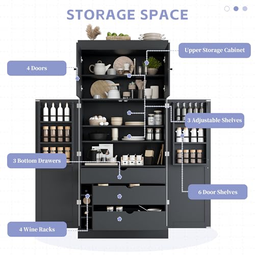 Merax 77'' Tall Freestanding Kitchen Pantry, 35''Lx17.7''W Modern Shaker Style Cupboard Storage Cabinet with Adjustable Shelves,Door Shelves, Drawers and Wine Racks,Grey - color: Grey