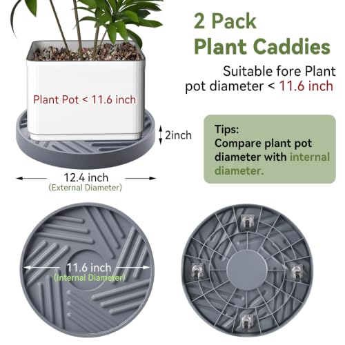 2 Pcs Plant Caddy with Hidden Wheels 12.4 Inch Heavy Duty Rolling Plant Stand, Indoor Outdoor Plant Saucer Tray with $9.9 Garden Tools (Gray) - size: 12.4 Inches of 2 Pack (Gray)