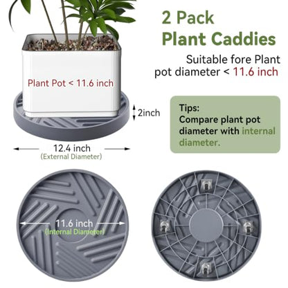 2 Pcs Plant Caddy with Hidden Wheels 12.4 Inch Heavy Duty Rolling Plant Stand, Indoor Outdoor Plant Saucer Tray with $9.9 Garden Tools (Gray) - size: 12.4 Inches of 2 Pack (Gray)