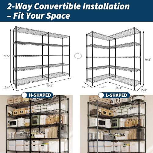 Garvee 71" Wide Storage Shelves Metal Shelving Units 5 Tier, 1325LBS | Heavy Duty & Adjustable Wire Shelving Rack, Standing/L-shaped, Use for Garage Kitchen Pantry Warehouse, Black - size: 70.5"Hx15.7"Dx71"W, 5-Layer