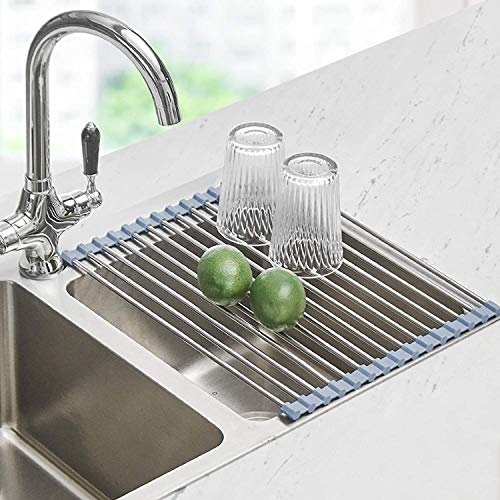 Seropy Roll Up Dish Drying Rack, Over the Sink Dish Drying Rack Kitchen Rolling Dish Drainer, Foldable Sink Rack Mat Stainless Steel Wire Dish Drying Rack for Kitchen Sink Counter Storage 17.5x11.8 - color: Gray, size: 17.5 x 11.8 in