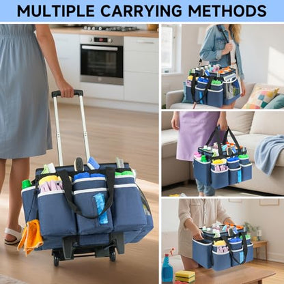 Large Rolling Cleaning Caddy Bag with Detachable Trolley,Cleaning Cart on Wheels with Shoulder Strap,Cleaning Supplies Organizer for Housekeepers,Blue - color: Blue