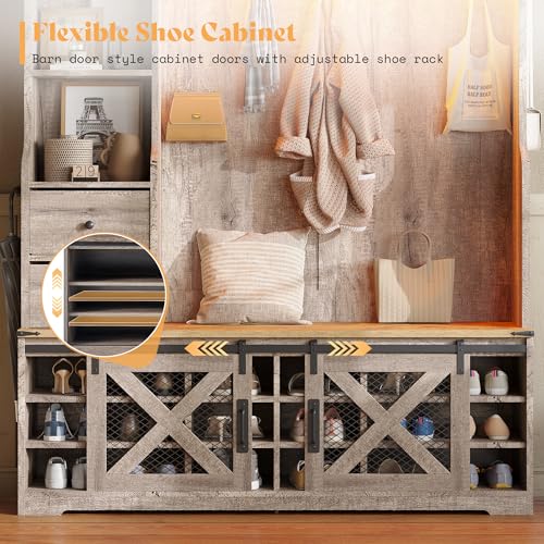 AMERLIFE 75"H 7-in-1 Farmhouse Hall Tree with Bench and shoe storage, LED Entryway Bench with Coat Rack, 12 Shoe Cubbies, 2 Drawers, Barn Doors & Adjustable Shelf, Mudroom Hallway Cabinet, Rustic Grey - color: Rustic Grey