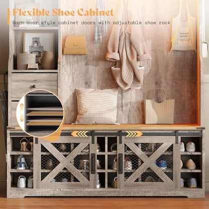 AMERLIFE 75"H 7-in-1 Farmhouse Hall Tree with Bench and shoe storage, LED Entryway Bench with Coat Rack, 12 Shoe Cubbies, 2 Drawers, Barn Doors & Adjustable Shelf, Mudroom Hallway Cabinet, Rustic Grey - color: Rustic Grey