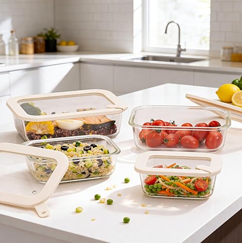 Urban Green Glass Food Storage Containers with Glass Lids, Microwave Safe Food Container Set, Aitight Meal Prep Container Set, LeakProof, 100% Plastic Free, 4 Pack - color: ‎Ivory White -4p