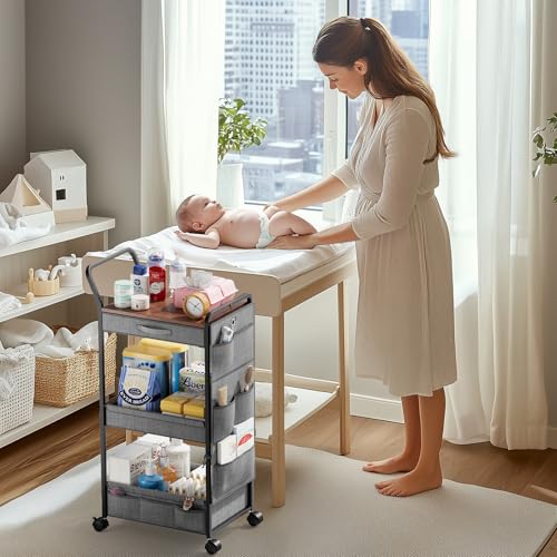BBLIKE 3-Tier Diaper Caddy Organizer - Rolling Utility Baby Cart with Drawer and Side Pockets for Nursery and Baby Essentials, Multi-Function Cart for Bedroom and Bathroom, Gray - style: Drawer-Grey