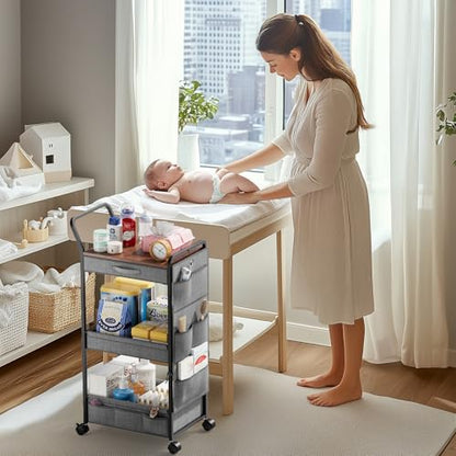 BBLIKE 3-Tier Diaper Caddy Organizer - Rolling Utility Baby Cart with Drawer and Side Pockets for Nursery and Baby Essentials, Multi-Function Cart for Bedroom and Bathroom, Gray - style: Drawer-Grey