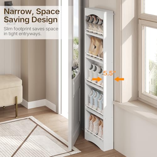 YATINEY Tall Narrow Shoe Rack, Vertical Behind Door Shoe Organizer, White | Wooden Skinny Shoe Shelf with Open Storage for Small Spaces, 6-tier Shoe Storage for Standing Shoes, Space Saving